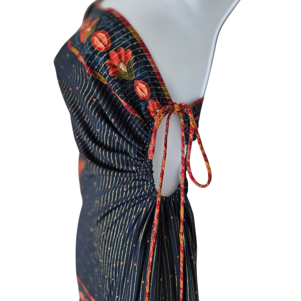 Rare Farm Rio Navy Floral Metallic Stripe One Shoulder Maxi Dress M Resort Boho - Picture 4 of 13